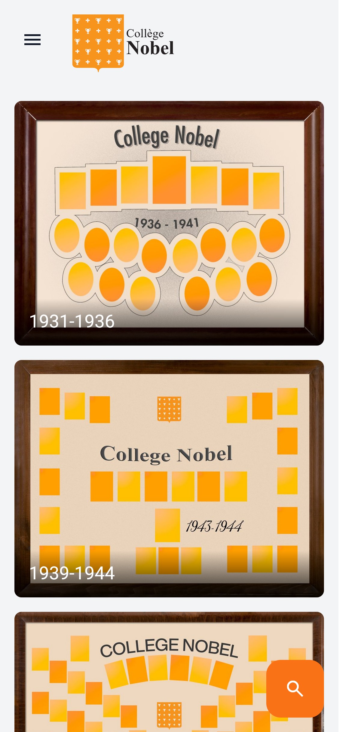 Interactive mobile view of Mosagrad software showing searchable alumni and class composites